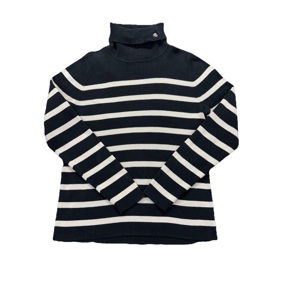 Lauren Ralph Lauren Sweater Large Black White Striped Turtleneck Monogram Crest